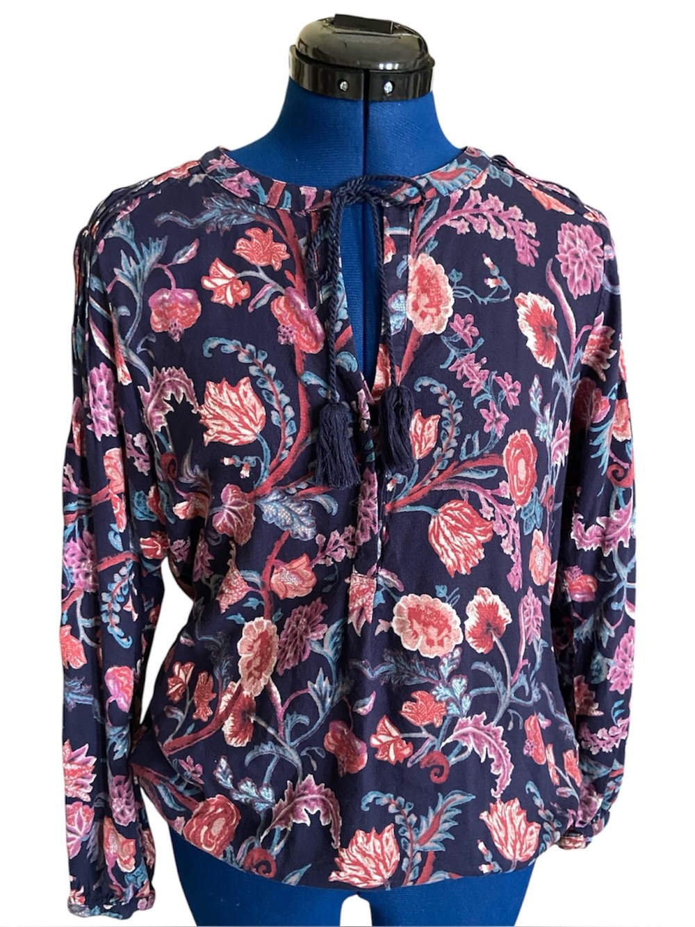 Lucky Brand Navy Floral Peasant Blouse V Neck Tie Front Long Sleeve Top Oversize